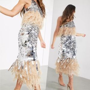 NEW ASOS EDITION Pailette Sequin Midi Skirt w/Faux Feather Hem US4